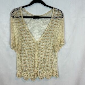 Women's beige and tan crochet beaded short sleeve cardigan sz small‎ boho unique